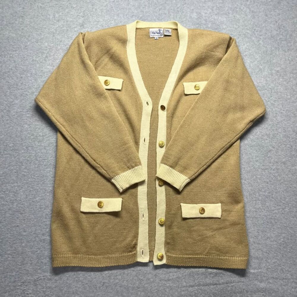 Rand McNally Women's M Tan Beige Cardigan Sweater Gold Buttons Made In Taiwan